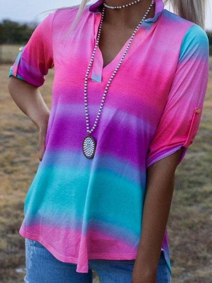 Tie-dye Mid-sleeved V Neck Lapel T-shirt - T-shirts - INS | Online Fashion Free Shipping Clothing, Dresses, Tops, Shoes - 20-30 - 28/06/2021 - color-multi