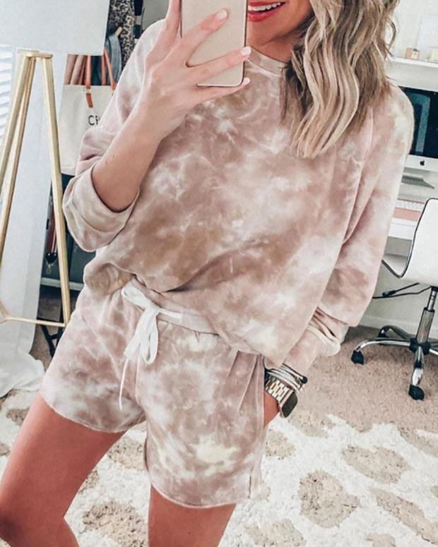 Tie Dye Print Casual Top & Drawstring Shorts Set - Sets - INS | Online Fashion Free Shipping Clothing, Dresses, Tops, Shoes - 02/18/2021 - 2 piece sets - Autumn