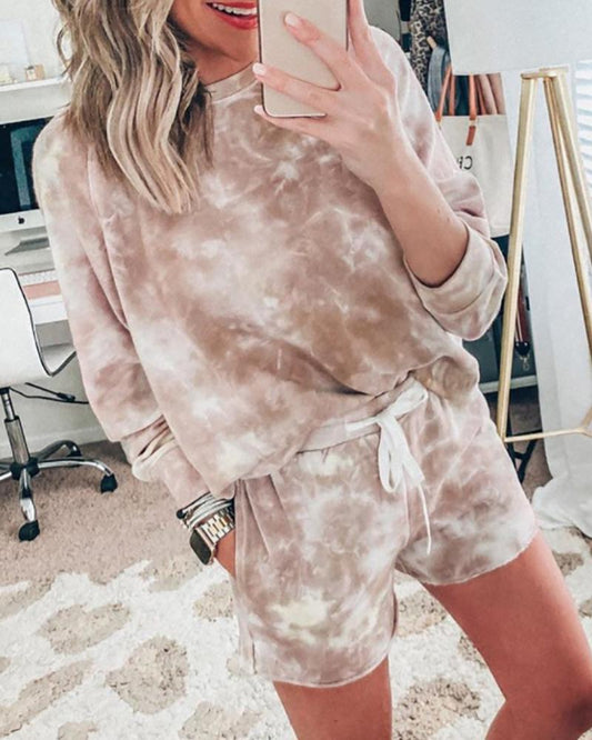 Tie Dye Print Casual Top & Drawstring Shorts Set - Sets - INS | Online Fashion Free Shipping Clothing, Dresses, Tops, Shoes - 02/18/2021 - 2 piece sets - Autumn
