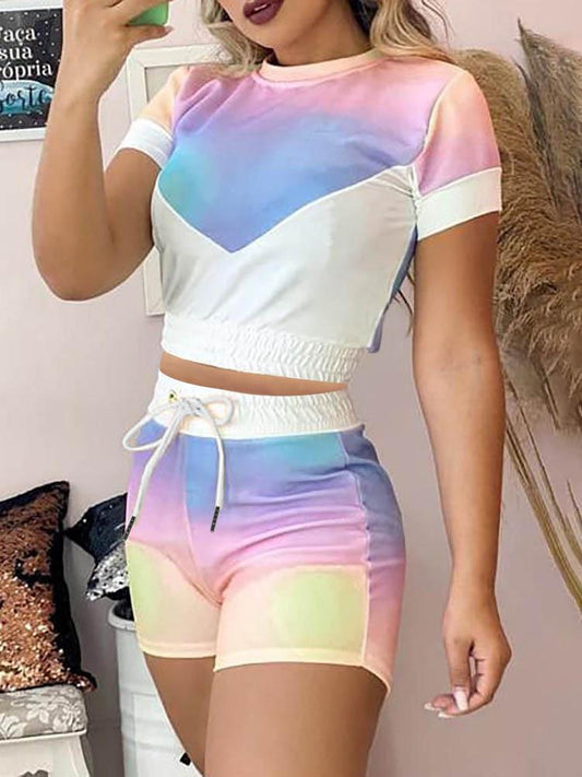 Tie Dye Print Colorblock Top & Drawstring Shorts Set - Two-piece Outfits - INS | Online Fashion Free Shipping Clothing, Dresses, Tops, Shoes - 05/05/2021 - Color_Multicolor - SET210505032