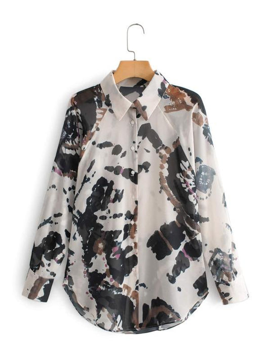 Tie Dye Print Curved Hem Blouse - INS | Online Fashion Free Shipping Clothing, Dresses, Tops, Shoes