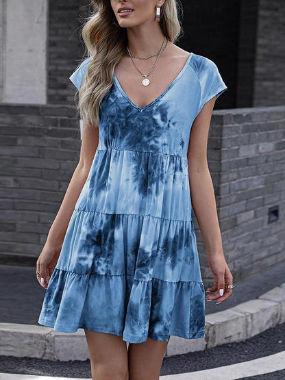 Tie-dye Print Gradient Color Loose Short-sleeved Dress - Mini Dresses - INS | Online Fashion Free Shipping Clothing, Dresses, Tops, Shoes - 09/04/2021 - Color_Blue - Color_Orange