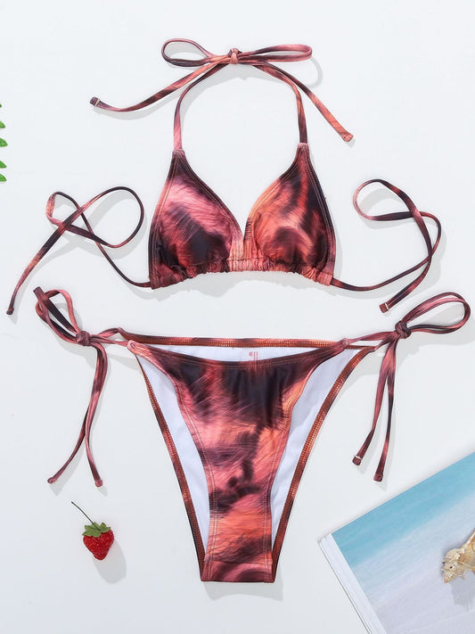 Tie-Dye Print Lace-Up Casual Three-Piece Bikini Set - Bikinis - INS | Online Fashion Free Shipping Clothing, Dresses, Tops, Shoes - 18/03/2021 - Beach - Bikini Set