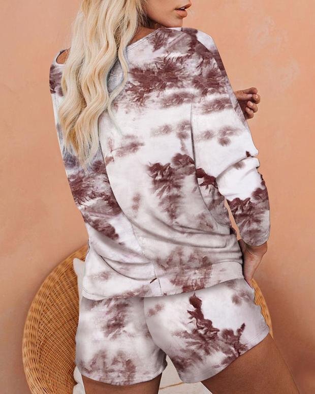 Tie Dye Print Long Sleeve Top & Shorts Set - Sets - INS | Online Fashion Free Shipping Clothing, Dresses, Tops, Shoes - 02/18/2021 - 2 piece sets - Brown