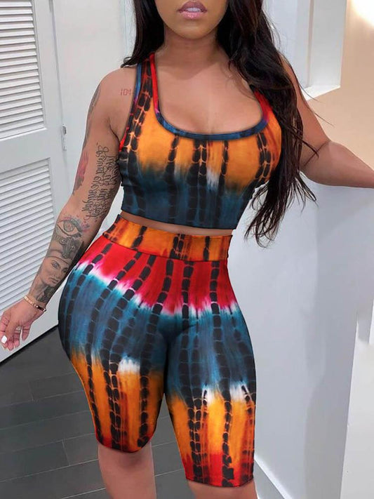 Tie Dye Print Sleeveless Crop Top & High Waisted Shorts Set - Two-piece Outfits - INS | Online Fashion Free Shipping Clothing, Dresses, Tops, Shoes - 05/05/2021 - Color_Multicolor - SET210505025