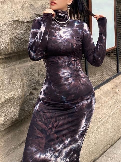 Tie-Dye Printed Long Sleeve Stretch Slim High Neck Dress - Maxi Dresses - INS | Online Fashion Free Shipping Clothing, Dresses, Tops, Shoes - 20-30 - 24/06/2021 - Category_Maxi Dresses