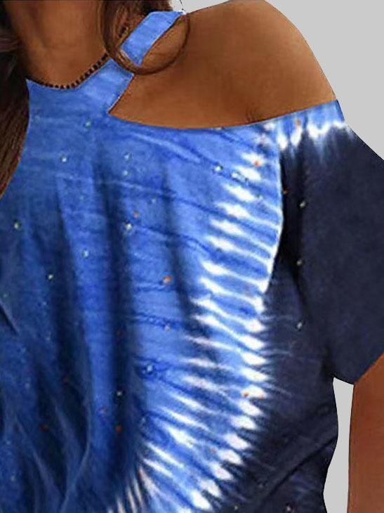Tie-dye Printed Off The Shoulder Irregular Short Sleeve T-shirt - MsDressly