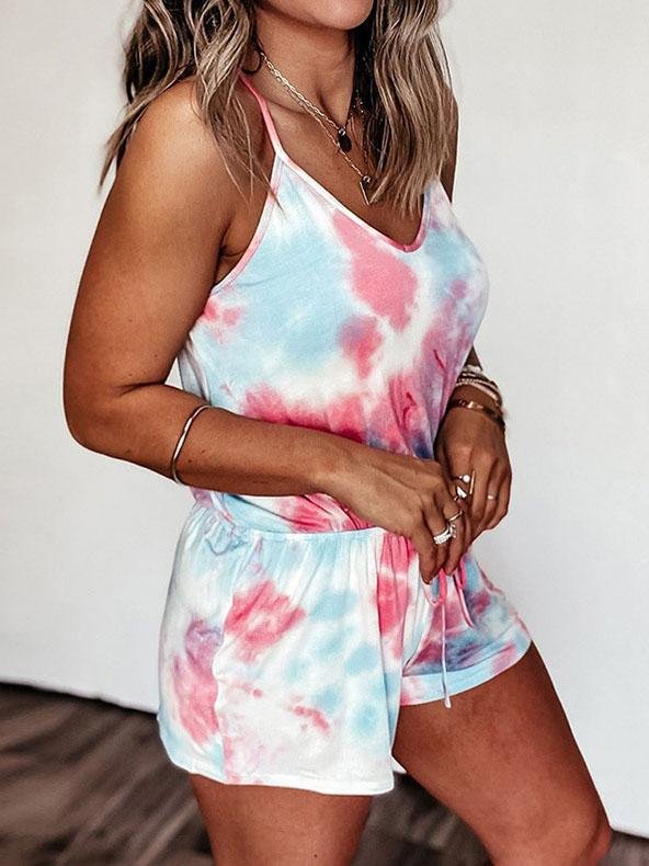 Tie-dye V Neck Suspender Jumpsuit - Jumpsuits & Rompers - INS | Online Fashion Free Shipping Clothing, Dresses, Tops, Shoes - 10-20 - 28/06/2021 - Bottoms