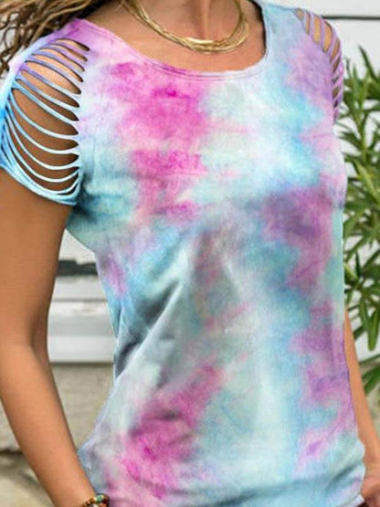 Tie-dyed Off-shoulder Short-sleeved T-shirt - T-shirts - INS | Online Fashion Free Shipping Clothing, Dresses, Tops, Shoes - 03/06/2021 - Color_Blue - Color_Green