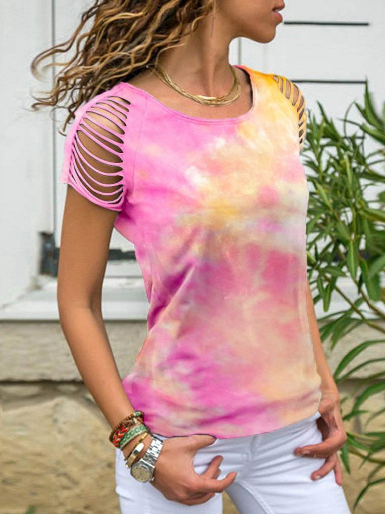 Tie-dyed Off-shoulder Short-sleeved T-shirt - T-shirts - INS | Online Fashion Free Shipping Clothing, Dresses, Tops, Shoes - 03/06/2021 - Color_Blue - Color_Green