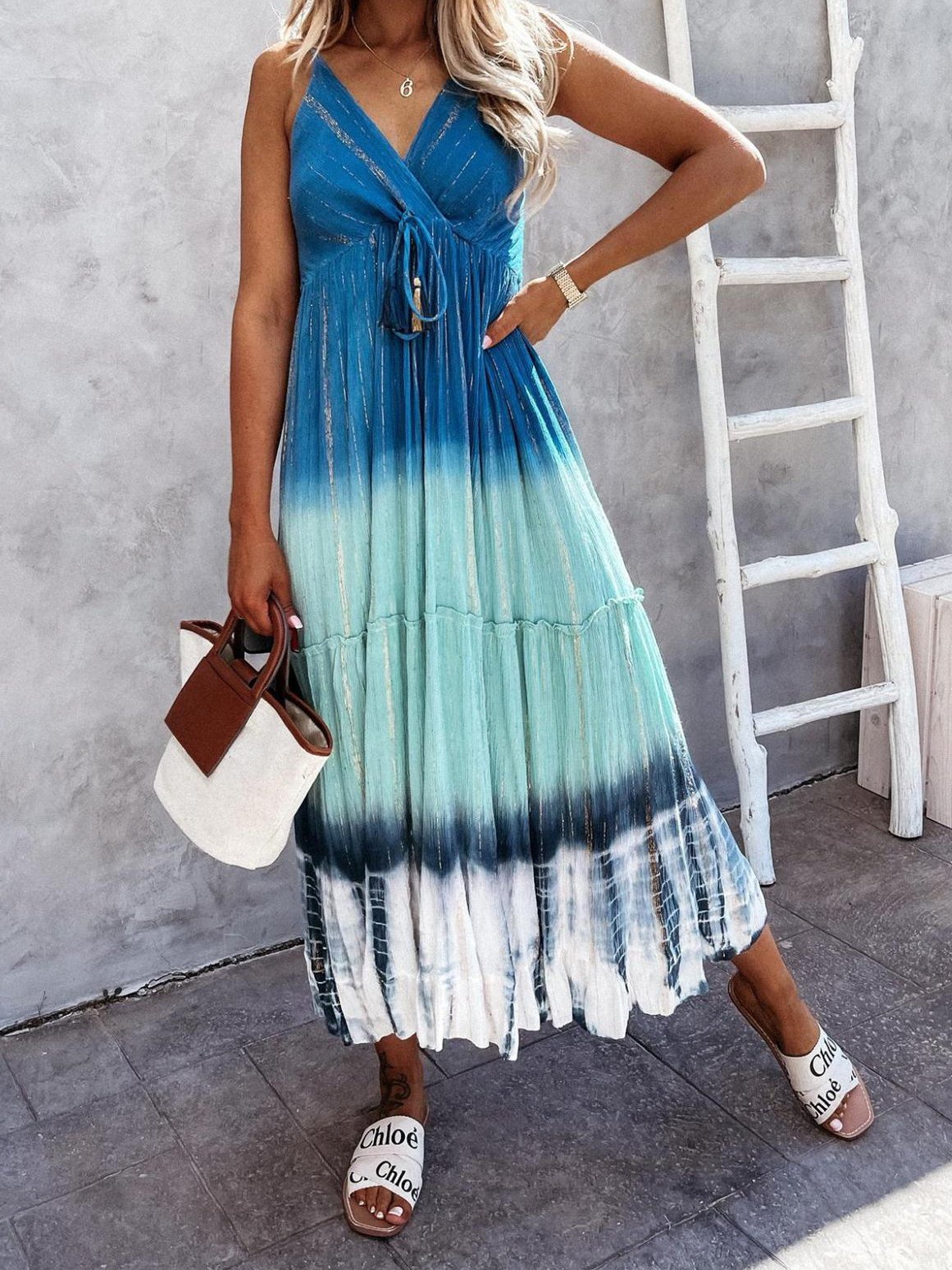 Tie-dyed V-neck Suspender Casual Dress - Maxi Dresses - INS | Online Fashion Free Shipping Clothing, Dresses, Tops, Shoes - 10/06/2021 - Category_Maxi Dresses - Color_Blue