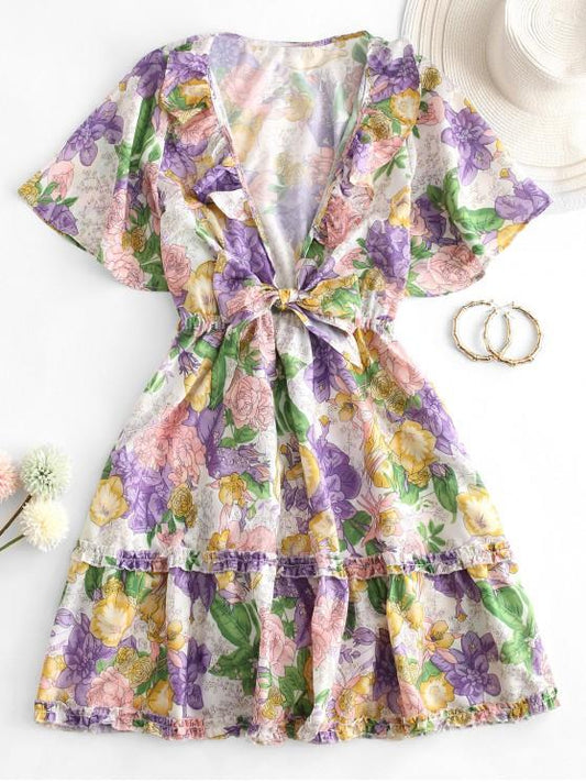 Tie Front Floral Ruffles Mini Dress - INS | Online Fashion Free Shipping Clothing, Dresses, Tops, Shoes