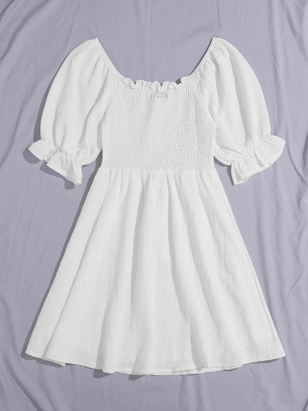 Tie Front Frill Trim Shirred Dress - Dresses - INS | Online Fashion Free Shipping Clothing, Dresses, Tops, Shoes - Beach - Casual - Casual Dresses