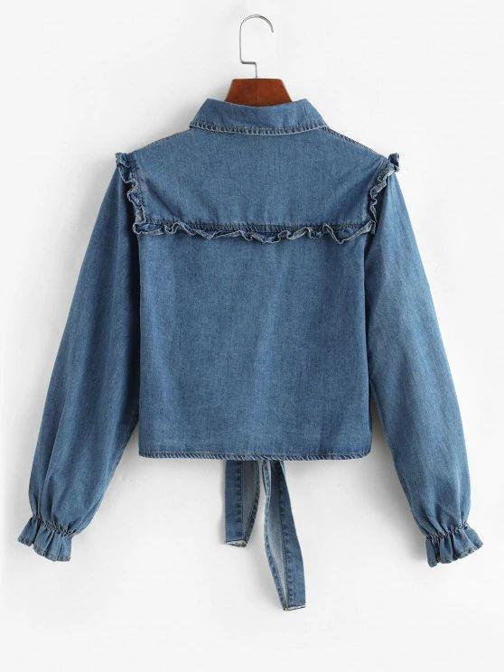 Tie Front Frilled Button Up Denim Jacket - INS | Online Fashion Free Shipping Clothing, Dresses, Tops, Shoes