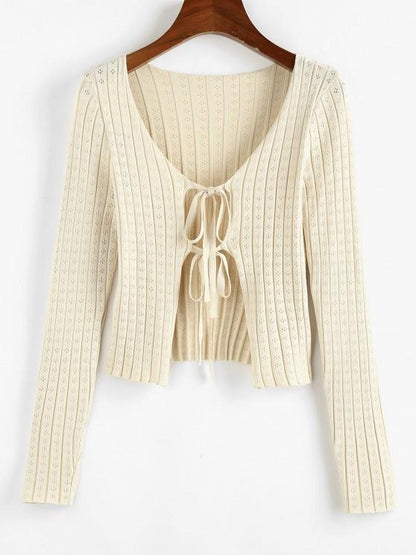 Tie Front Pointelle Knit Ribbed Cardigan - INS | Online Fashion Free Shipping Clothing, Dresses, Tops, Shoes