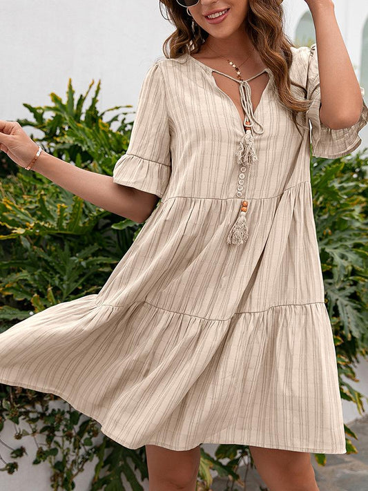 Tie Neck Reffle Loose Casual V-neck Midi Dress - Midi Dresses - INS | Online Fashion Free Shipping Clothing, Dresses, Tops, Shoes - 09/04/2021 - Color_Apricot - Color_Black