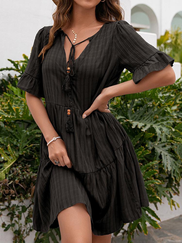 Tie Neck Reffle Loose Casual V-neck Midi Dress - Midi Dresses - INS | Online Fashion Free Shipping Clothing, Dresses, Tops, Shoes - 09/04/2021 - Color_Apricot - Color_Black