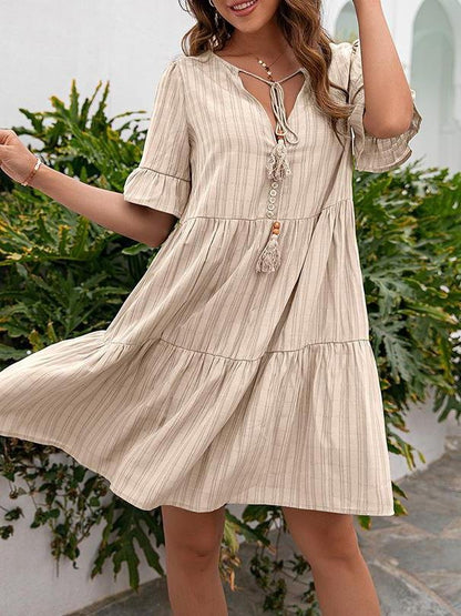 Tie Neck Reffle Loose Casual V-neck Midi Dress - Midi Dresses - INS | Online Fashion Free Shipping Clothing, Dresses, Tops, Shoes - 09/04/2021 - Color_Apricot - Color_Black