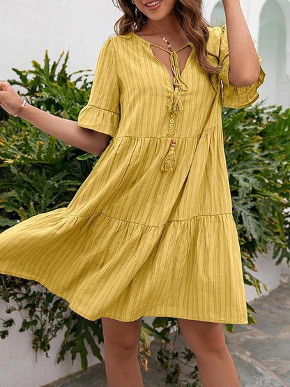 Tie Neck Reffle Loose Casual V-neck Midi Dress - Midi Dresses - INS | Online Fashion Free Shipping Clothing, Dresses, Tops, Shoes - 09/04/2021 - Color_Apricot - Color_Black