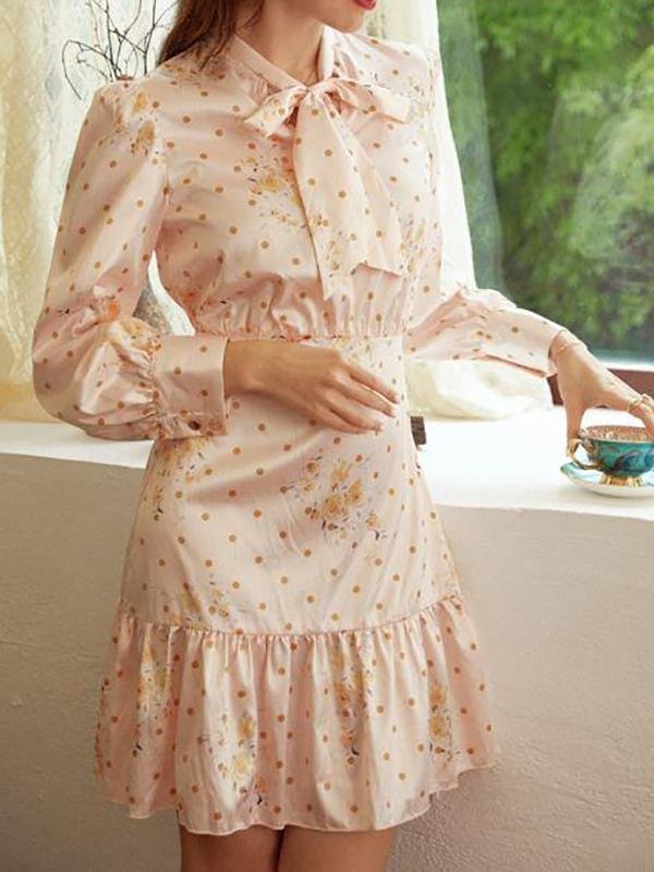 Tie Neck Ruffle Hem Polka-dot & Floral Dress - Dresses - INS | Online Fashion Free Shipping Clothing, Dresses, Tops, Shoes - 02/02/2021 - Apricot - Daily