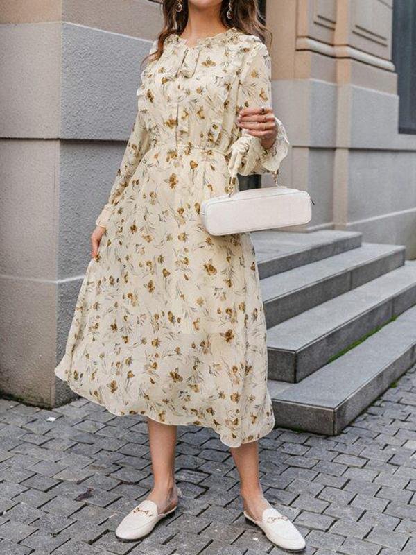 Tie Neck Ruffle Trim Floral Dress - Dresses - INS | Online Fashion Free Shipping Clothing, Dresses, Tops, Shoes - 02/02/2021 - Autumn - Beige