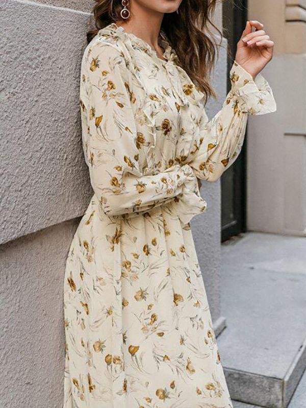 Tie Neck Ruffle Trim Floral Dress - Dresses - INS | Online Fashion Free Shipping Clothing, Dresses, Tops, Shoes - 02/02/2021 - Autumn - Beige