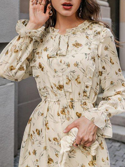 Tie Neck Ruffle Trim Floral Dress - Dresses - INS | Online Fashion Free Shipping Clothing, Dresses, Tops, Shoes - 02/02/2021 - Autumn - Beige