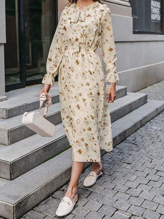 Tie Neck Ruffle Trim Floral Dress - Dresses - INS | Online Fashion Free Shipping Clothing, Dresses, Tops, Shoes - 02/02/2021 - Autumn - Beige