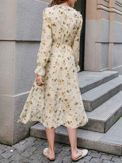 Tie Neck Ruffle Trim Floral Dress - Dresses - INS | Online Fashion Free Shipping Clothing, Dresses, Tops, Shoes - 02/02/2021 - Autumn - Beige