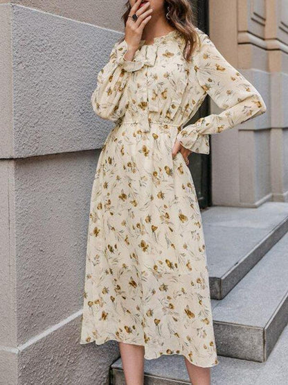 Tie Neck Ruffle Trim Floral Dress - Dresses - INS | Online Fashion Free Shipping Clothing, Dresses, Tops, Shoes - 02/02/2021 - Autumn - Beige