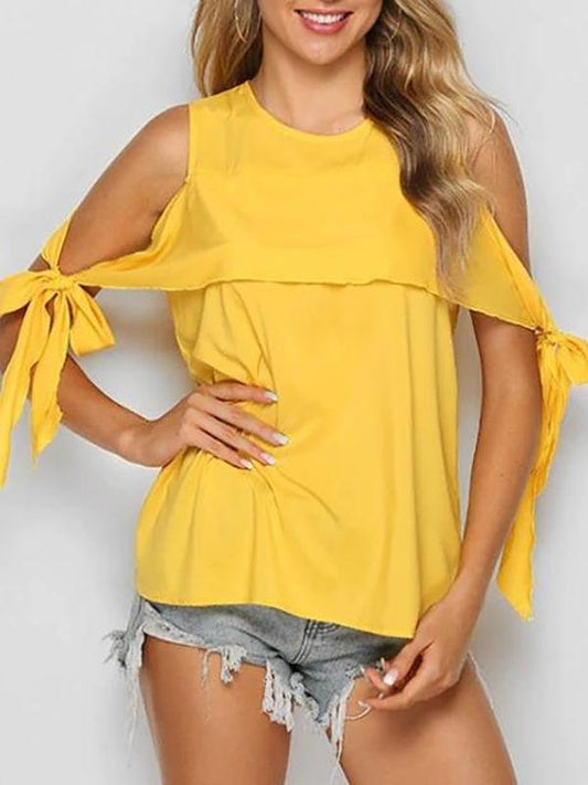 Tie Sleeve Solid Cold Shoulder Blouse - Blouses - INS | Online Fashion Free Shipping Clothing, Dresses, Tops, Shoes - 02/08/2021 - Blouses - Casual