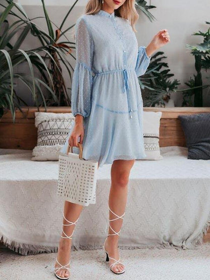 Tie Waist Lantern Sleeve Swiss Dot Dress - Dresses - INS | Online Fashion Free Shipping Clothing, Dresses, Tops, Shoes - 02/03/2021 - Blue - Color_Blue