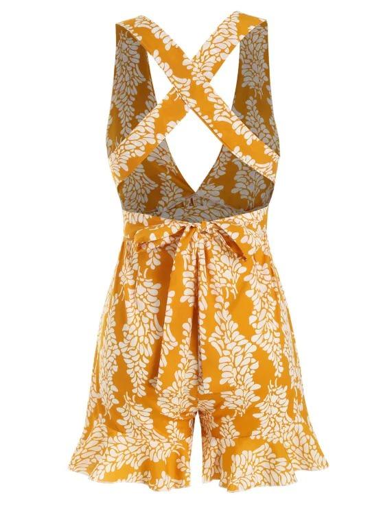 Tie Waist Printed Criss Cross Romper - INS | Online Fashion Free Shipping Clothing, Dresses, Tops, Shoes