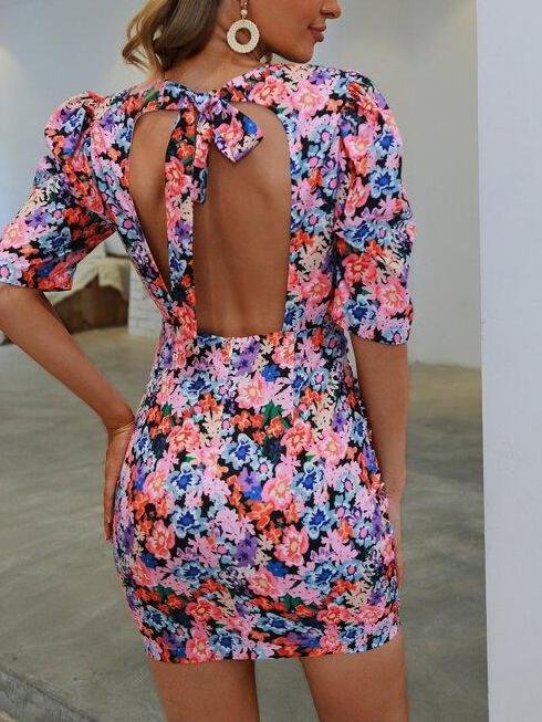 Tied Backless Ruched Floral Dress - Dresses - INS | Online Fashion Free Shipping Clothing, Dresses, Tops, Shoes - Bodycon Dresses - Dresses - Going Out