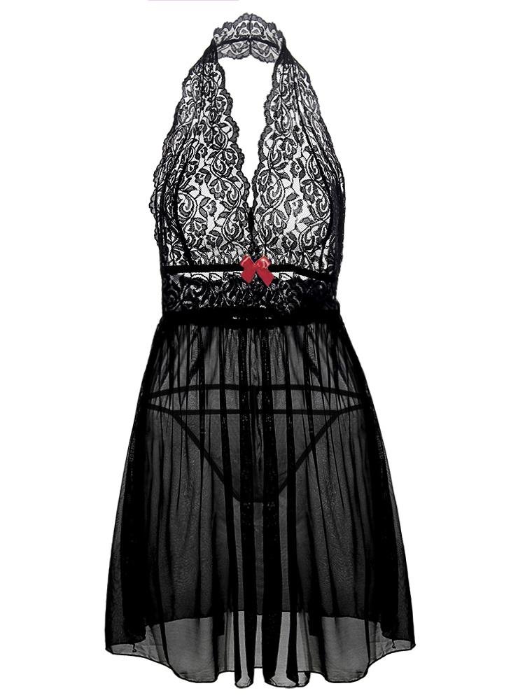 Transparent Lace Mesh Halterneck Nightdress - Lingeries - INS | Online Fashion Free Shipping Clothing, Dresses, Tops, Shoes - 07/06/2021 - Category_ Lingeries - Color_Black