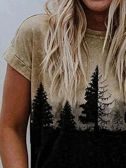 Tree Print Round Neck Short Sleeve T-shirt - T-Shirts - INS | Online Fashion Free Shipping Clothing, Dresses, Tops, Shoes - 31/05/2021 - Category_T-Shirts - Color_Multicolor