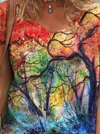Tree Printed V-neck T-shirt - MsDressly