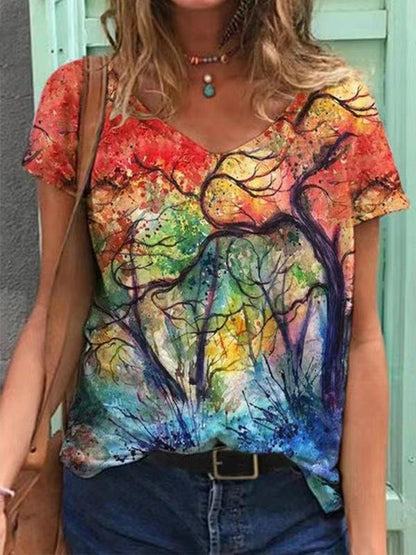 Tree Printed V-neck T-shirt - MsDressly