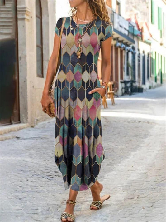 Trendy Printed Round Neck Short Sleeve Pocket Dress - Maxi Dresses - INS | Online Fashion Free Shipping Clothing, Dresses, Tops, Shoes - 24/05/2021 - Color_Blue - Color_Green