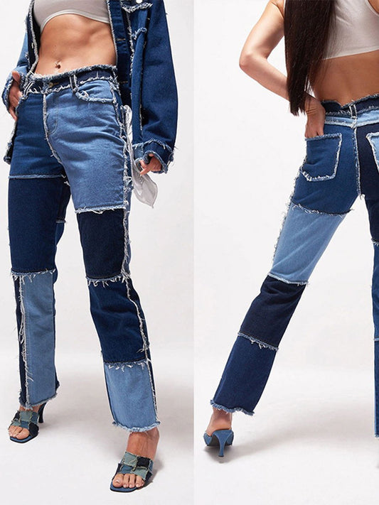 Trendy Variegated Stitching High-rise Straight-leg Jeans - Jeans - INS | Online Fashion Free Shipping Clothing, Dresses, Tops, Shoes - 10/05/2021 - Color_Blue - DEN210510147