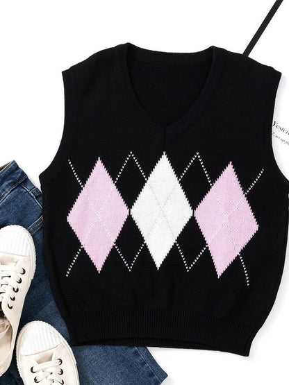 Trendy Women's Diamond Check Knitted Vest - MsDressly | Online Fashion Free Shipping Clothing, Dresses, Tops, Shoes