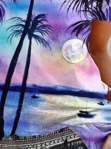 Tropical Landscape Print Round Neck T-shirt - T-shirts - INS | Online Fashion Free Shipping Clothing, Dresses, Tops, Shoes - 10-20 - 29/06/2021 - color-purple