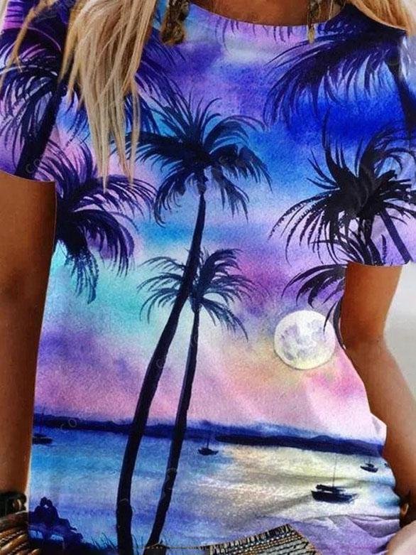 Tropical Landscape Print Round Neck T-shirt - T-shirts - INS | Online Fashion Free Shipping Clothing, Dresses, Tops, Shoes - 10-20 - 29/06/2021 - color-purple