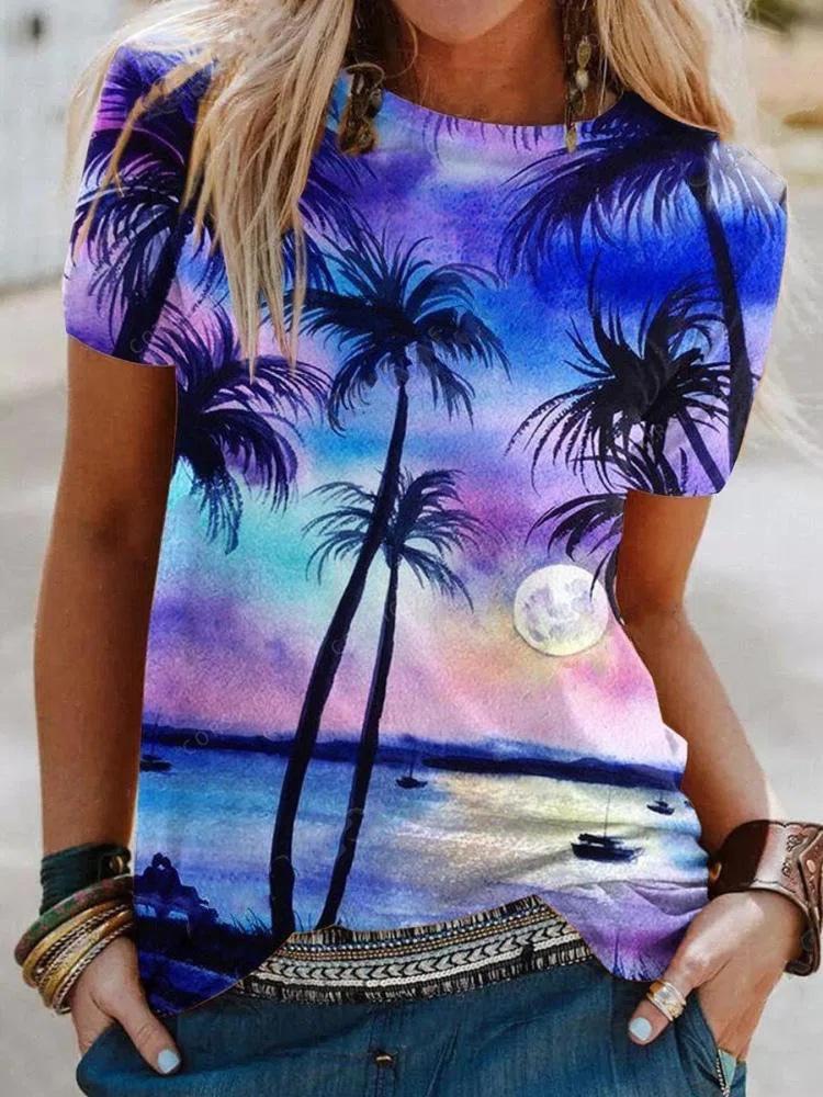 Tropical Landscape Print Round Neck T-shirt - T-shirts - INS | Online Fashion Free Shipping Clothing, Dresses, Tops, Shoes - 10-20 - 29/06/2021 - color-purple