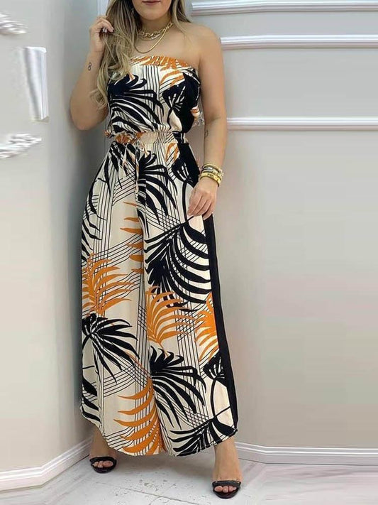 Tropical Print Bandeau Wide Leg Jumpsuit - Jumpsuits & Rompers - INS | Online Fashion Free Shipping Clothing, Dresses, Tops, Shoes - 30/04/2021 - Color_Green - Color_Multicolor