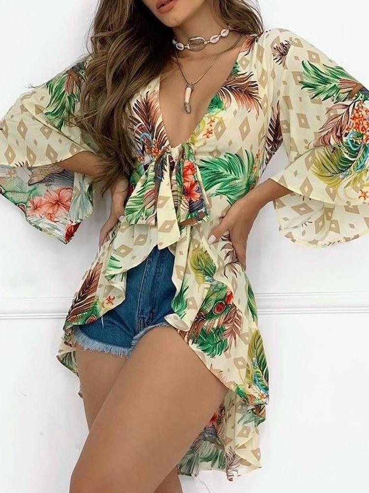 Tropical Print Bell Sleeve Top - Blouses - INS | Online Fashion Free Shipping Clothing, Dresses, Tops, Shoes - 28/04/2021 - BLO210428055 - Blouses