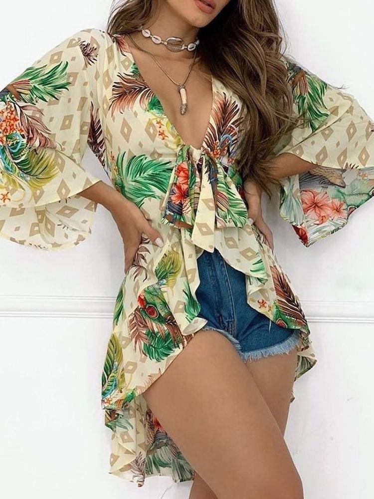 Tropical Print Bell Sleeve Top - Blouses - INS | Online Fashion Free Shipping Clothing, Dresses, Tops, Shoes - 28/04/2021 - BLO210428055 - Blouses