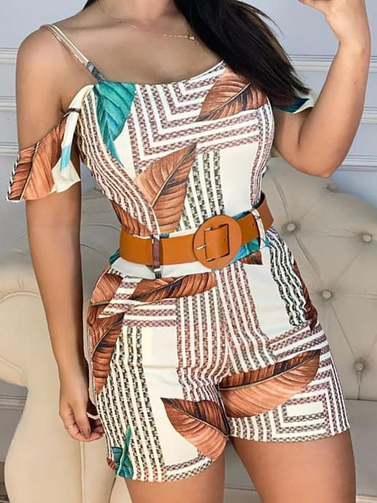 Tropical Print Cold Shoulder Skinny Romper - Rompers - INS | Online Fashion Free Shipping Clothing, Dresses, Tops, Shoes - 04/05/2021 - Category_Rompers - Color_White