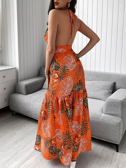Tropical Print Halter Backless Maxi Dress - Maxi Dresses - INS | Online Fashion Free Shipping Clothing, Dresses, Tops, Shoes - 28/04/2021 - Category_Maxi Dresses - Color_Orange