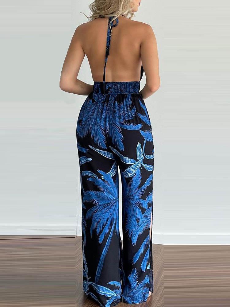Tropical Print Halter V Neck Jumpsuit - Jumpsuits & Rompers - MsDressly | Online Fashion Free Shipping Clothing, Dresses, Tops, Shoes - 29/04/ - Color_Green - Color_Orange
